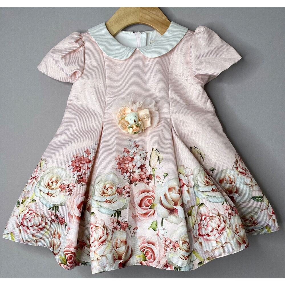 Tulleen Pink Metallic Floral Party Dress w/Teddy Bear Girls 12 Mo/1 Yr/86 cm